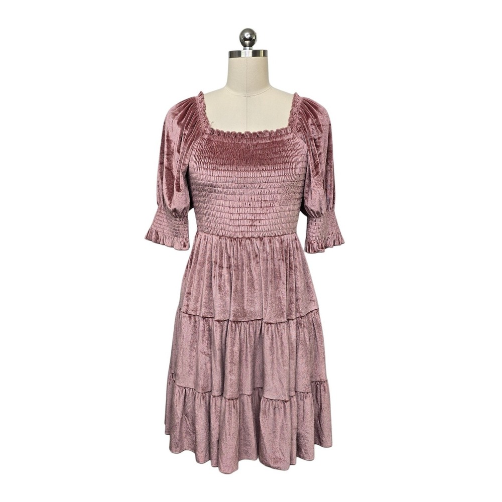 Baltic Born Mauve Pink Crushed Velvet Smocked Tiered Puff Sleeve Mini Dress Med